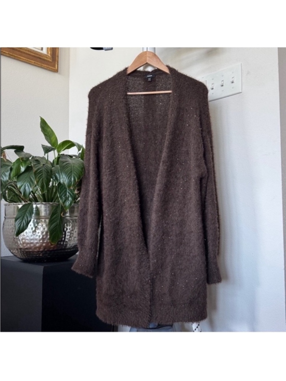 Express Brown Angora Like Sequined Cardigan Sweater Sz L Knit Open Front
